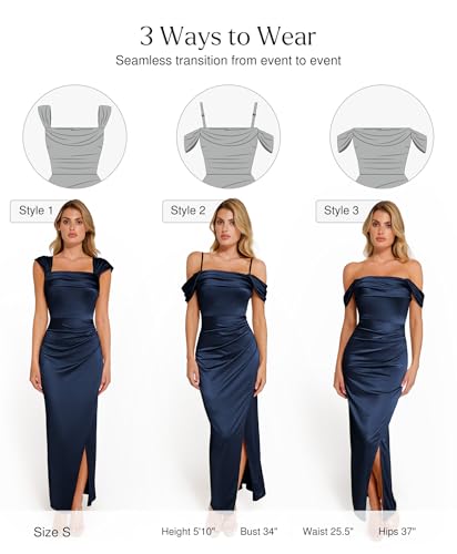 Image of Popilush Wedding Guest Dresses for Women Off Shoulder Shapewear Maxi | Multi-Way Wear, Built in Bra, Light Tummy Control, Ruched Satin Formal Cocktail Evening Bridesmaid Dress