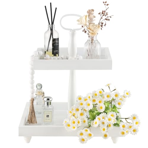 Tiered Tray Stand, Rustic Wooden 2 Tier Decorative Tray with Bead Garland, Farmhouse Square Wood Serving Tray Counter Centerpiece for Coffee Bar Home Decor Holiday Christmas Housewarming Gifts (White)