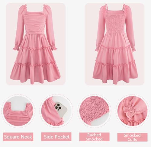 HOZIY Girls Long Sleeve Dress Ruched Smocked Tiered Ruffle A-Line Casual Boho Teen Dresses with Pocket Size 6-16 Years