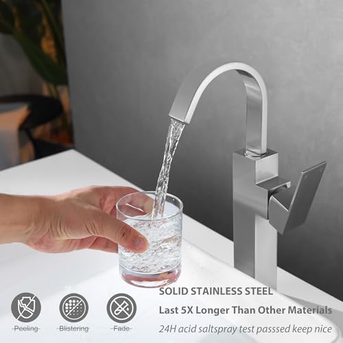 Brushed Nickel Single Handle Tall Bathroom Faucet,Vessel Sink Faucet Waterfall Bathroom Faucet Single Hole Lavatory Vanity Tap Single Hole Bar Sink Faucet with Pop Up Drain and Supply Lines,SL50044BN by SLOUMKI - Used condition - Image 4