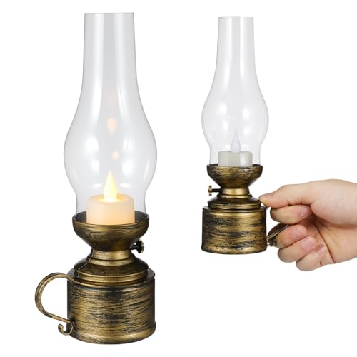 POPETPOP Lámparas de Queroseno LED Vintage sin Llama Faroles de Mesa Retro Grandes de Metal Luz Portátil a Pilas Decoración para Interiores y Ambiente Festivo Pack de 2 Unidades