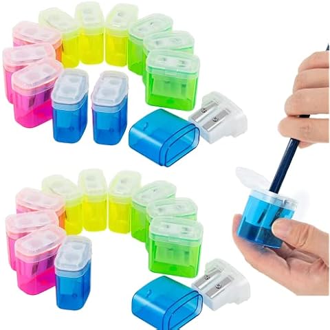 KIDMEN 24 PCS 2 Holes Small Manual Pencil Sharpener with Lid,for Kids,School Cover