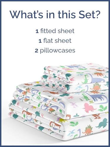 Image of Kids Full Size Bed Sheet Set - 4 Piece Kids Loft Bed Sheets - Boys Dinosaur Themed Bedding - Soft, Cute & Cozy - Breathable & Machine Washable - Colorful Dino Bed Set for Boys, Girls, Teens & Toddlers | Dinosaurs Themed Bedding, Ultra-Soft, Cute & Cozy, Breathable & Machine Washable, Bed Set for Boys, Girls & Teens, Breathable