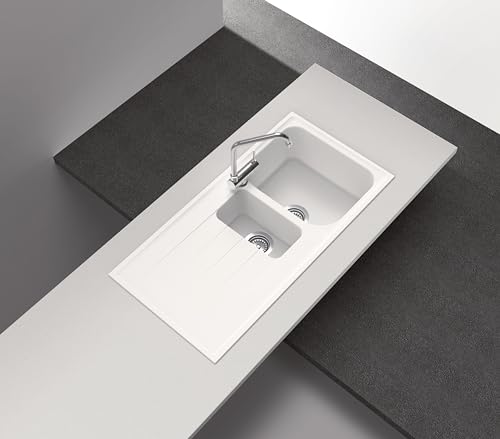 SCHOCK | Küchenspüle Lithos D150 1 + ½ Becken mit Abtropffläche, umkehrbare Wanne, Material Cristalite®, absolut weiß, 1000 x 500 mm