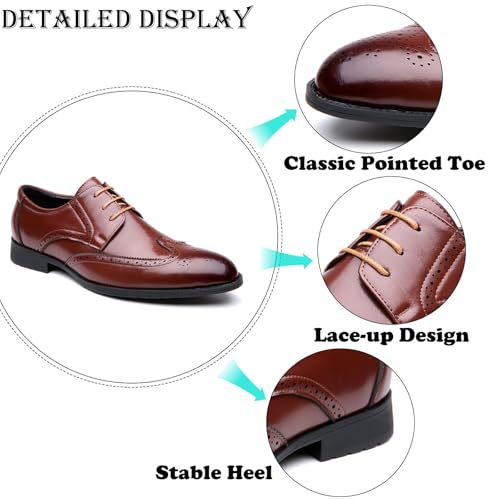 Men's Leather Wingtip Carving Brogue Formal Block Heel Oxford Shoes Classic Pointed Toe Low Top Lace up Low Heel Business Dress Oxford Shoes for Wedding Work3