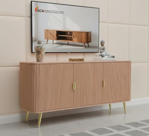 Image of Wooden Sideboard Cabinet for Living Room | Side Board Crockery Cabinet with 3 Doors Storage for Dining, Drawing and Home Office | HDMR Premium Wood & Iron, Taupe