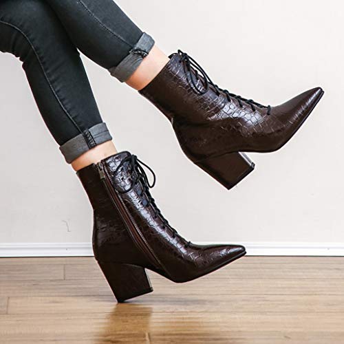 MIOKE Women's Western Chelsea Ankle Boots Pointed Toe Lace Up Zipper Chunky High Heel Dressy Short Booties4