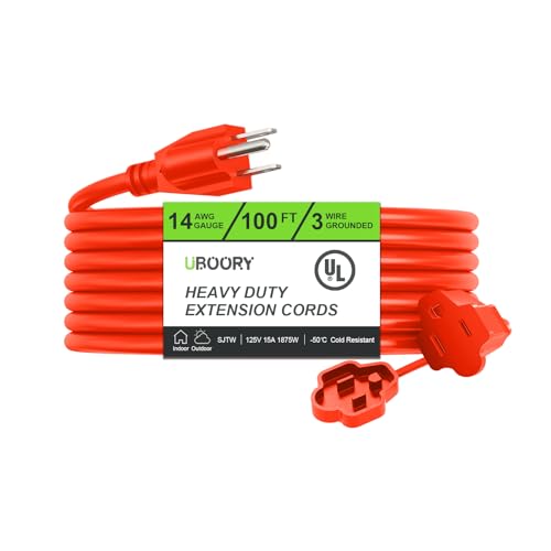 UBOORY Outdoor Extension Cord Waterproof 100 FT, Orange 14/3 SJTW Heavy Duty, Flexible 100% Copper 3 Prong Extension Cord for Lawn, Garage,UL Listed