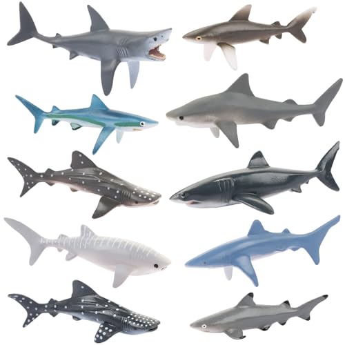 UHOMENY 10pcs Shark Figures Miniature Realistic Marine Ornaments Animals Figures Cake Topper 10 Styles with Great White Shark Megalodon for School Office Classroom Parties Landscape Cake Decoration
