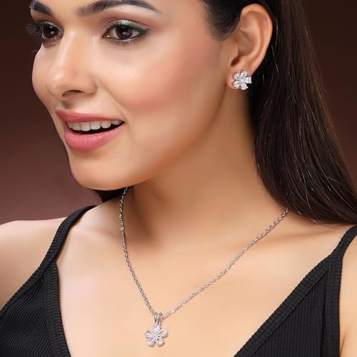 Image of ZENEME Rhodium Plated Silver Toned American Diamond Studded Floral Shaped Pendant Chain With Earrings Jewellery Set For Women And Girls