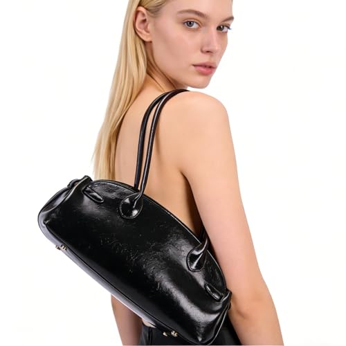 Image of Vintage Shoulder Bag - Glossy Leather Top Handle Handbag, Retro Minimalist Dome Shoulder Purse, Elegant Underarm Bag