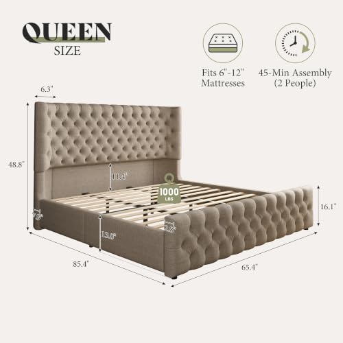Image of AMERLIFE Queen Upholstered Bed with Headboard, Wingback, Khaki Linen