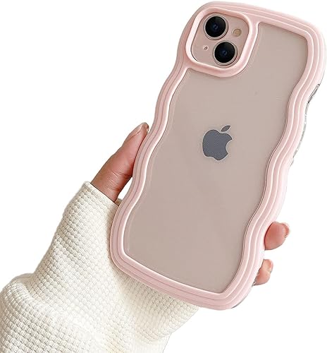 Image of MIDOS Back Cover Compatible with iPhone 15, Cute Curly Wave Frame Clear Case for Girls Women, Transparent Soft Silicone TPU Bumper Shockproof Protective Cover for iPhone 15 (Pink)