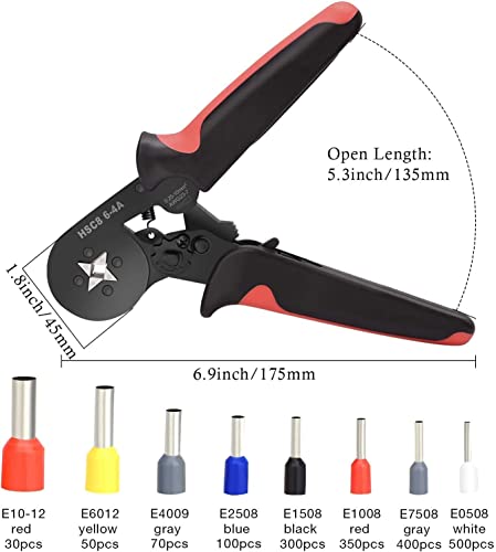 Image of Ferrule Crimping Tool Kit, AWG23-7 Self-adjustable Ratchet Wire Crimping Tool Kit Crimper Plier Set with 1200PCS Wire Terminals Crimping Connectors Wire End Ferrules(Black red)