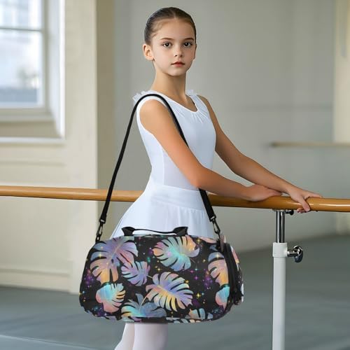 Duffle Bag for Boys or Girls with Shoes Compartment, Platinum Palm Leaves Pattern Sports Travel Bag Overnight3