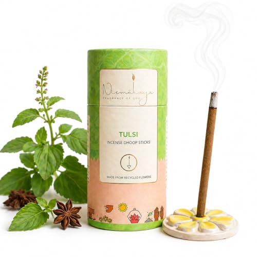 Image of Nirmalaya Premium Tulsi Bambooless Dhoop Sticks (40 Sticks) with Ceramic Stand Sacred Temple Flower | 100% Charcoal-Free | for Pooja, Meditation, Yoga & Home Fragrance