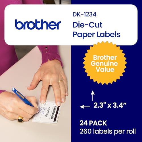 Image of Brother Genuine DK-123424PK Die-Cut Name Badge Paper Labels, 2.3 inch x 3.4 inch (60 mm x 86 mm) Adhesive White Paper Labels, 260 Labels per Roll, 24 Rolls per Box