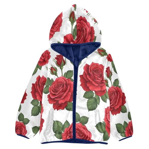 Red Roses on White Background Toddler Fleece Jacket Girl Boys Hooded Fleece Jacket Coat Warm Outwear Zip-up 3-10T