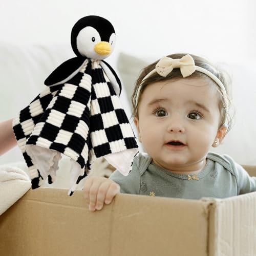Image of Baby Lovey Blanket for Boys Girls Super Soft Checkerboard Gingham with Minky Dot Fabric Backing Penguin Stuffed Animal Lovely Snuggle Toy Black 14 Inch