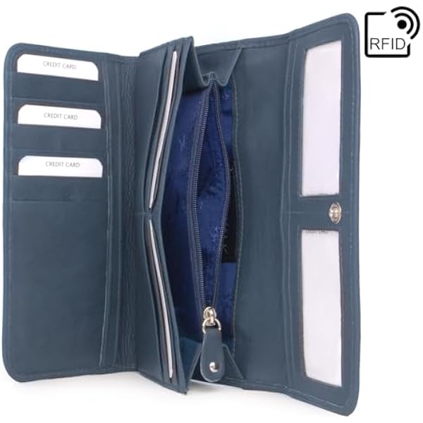 Catwalk Collection Handbags Большой кожаный кошелек для женщин Карманы на 14 кредитных карт и монеты Защита от RFID Gemma Синий
