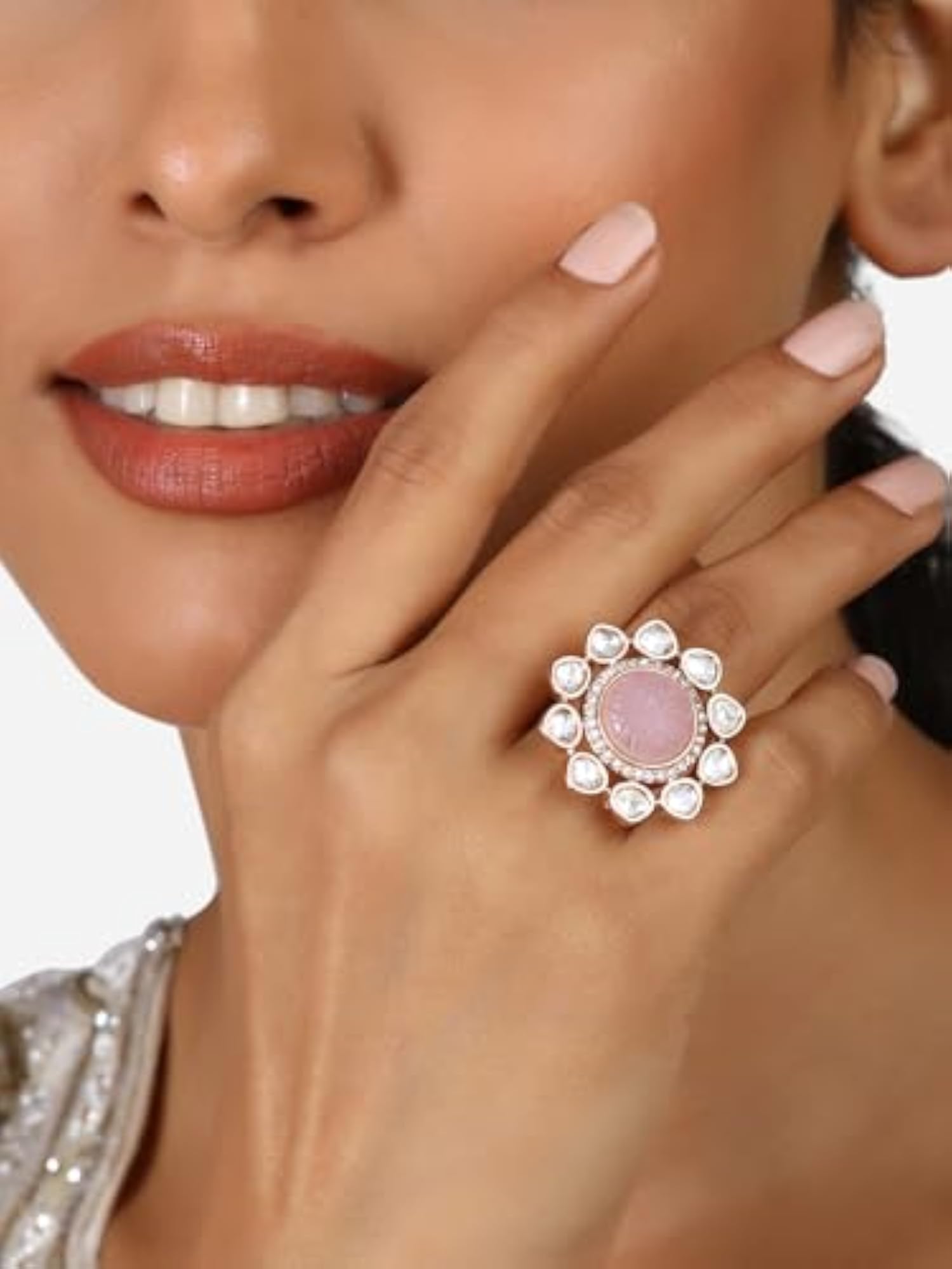 Women's Adjustable Brass Flower Ring with Cubic Zirconia