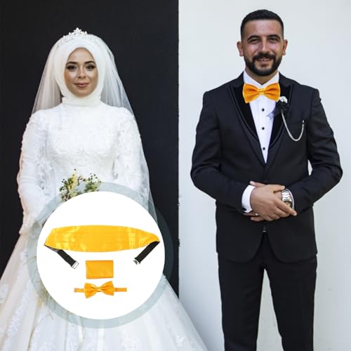 Set de corbata de moño y fajín para hombre amarillo formal miniatura 6