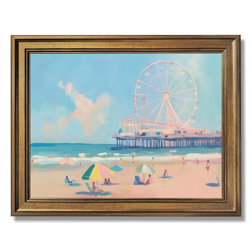 Framed Beach Ferris Wheel Poster Canvas Wall Art for Living