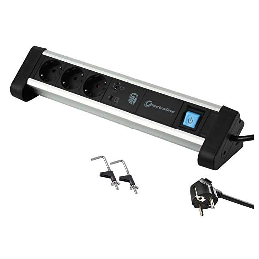 Electraline 62556 grenuttag 3-vägs aluminium för skrivbord med 2 USB 60 W (1 typ C PD för laddning av datorer 1 USB 3A) kabel 2 m/bord uttag grenremsa/universalskrivbord