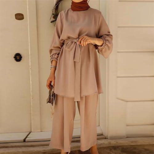 2 Piece Pant Sets for Women Dressy Casual Muslim Crew Neck Long Sleeve Loose Belted Tops Wide Leg Pants Outfits3