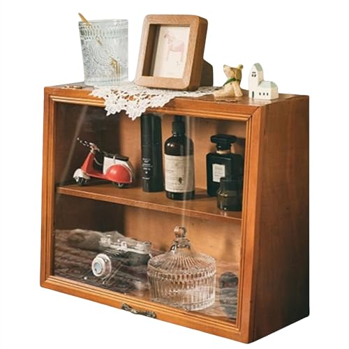 木製 コレクションケース 卓上 小型 フナチュラル木目 ィギュア ディスプレイケース 棚 横長 アンティーク ガラス アクリルキ ミニ 収納 ャビネット 透明コレクショ 2段棚板タイプ (小さい)