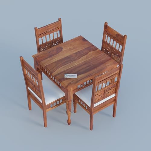 Image of Jangid Handicraft Dining Table 4 Seater | Solid Sheesham Wood Four Seater Dining Table Set with 4 Cushioned Chairs | Rectangular Dinner Table for Home, Kitchen & Living Room | Honey Finish