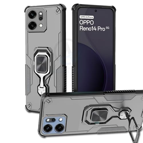 Image of AESTMO Armor Back Cover for Oppo Reno 14 Pro 5G | Ring Holder & Kickstand & Camera Protection in-Built | 360 Degree Protection Back Case Cover (Black)