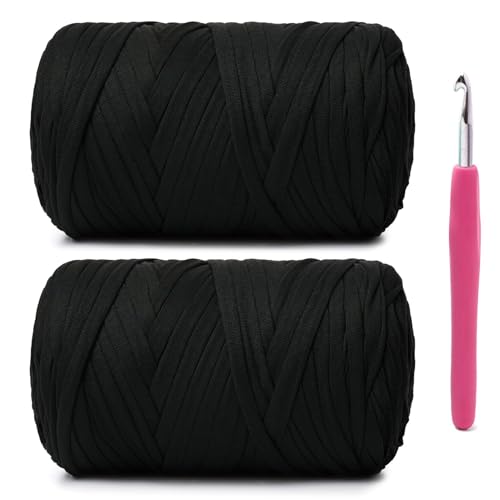 Image of 2 Pack Soft Tshirt Crochet Yarn, 800g /228yds High Elastic Hand Knitting Yarns, Thick T Shirt Yarn for Crocheting Bags, Baskets, Cushions, DIY Crafts (Black + Black