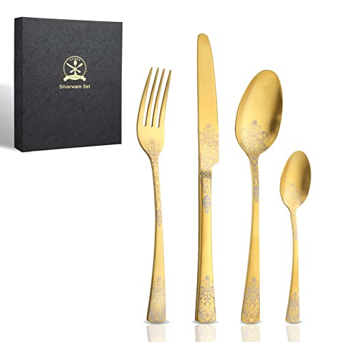 Couverts de Table pour Cadeaux, Funnydin Couvert avec Coffret Cadeau Premium, 24 Pièces Couverts Inox pour 6 Personnes, Ensemble Couverts de Table avec Fourchette Couteau Cuillère (Or Mat de Luxe) Cover