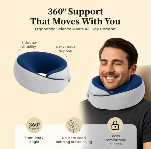 Image of 360 Memory Foam Travel Neck Pillow - U Shaped Ergonomic Head & Neck Support Cushion with Chin Support, Adjustable Snap Closure, Breathable Mesh Fabric (Blue & Grey)