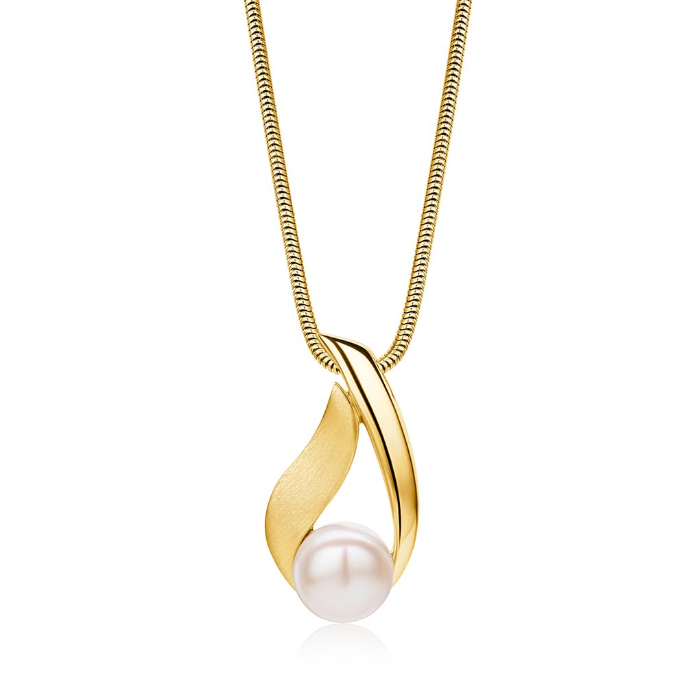 Miore Collares Mujer de Plata, Colgante de Perla Chapado en oro de 18 ct/Plata Sterling 925, Perlas de Agua Dulce 8 mm, Cadena Snake a 45 cm, Joyería para Mujer, Se entrega en Estuche para Joyas