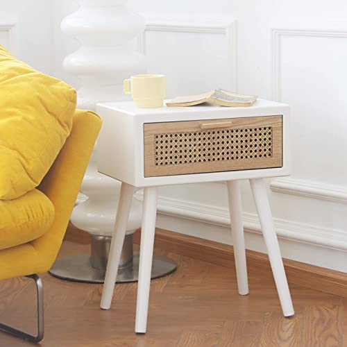 Awasen White Nightstand With Drawer, Rattan Side Table For Bedroom, Modern End Table With Storage And Solid Wood Legs For Living Room, Easy Assembly(White) #TOP4