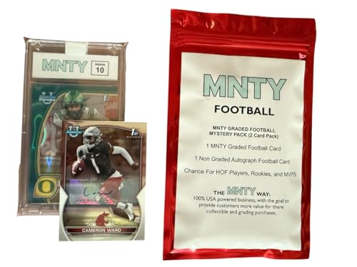 MNTY Football Card Mystery Pack, 1 Graded Card, 1 Non-Graded Autograph Card, Look for Hall of Fame Players, Rookies, MVPs, and Stars.