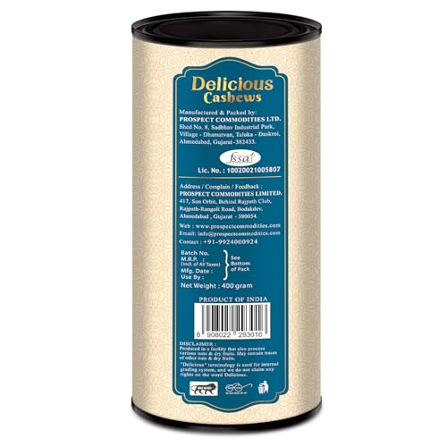 Image of DRIFRUTZ Delicious Cashew W240 | 400g (400g x 1) Tin Pack | Whole Cashew Kernels | Known for Mild Sweetness, Smooth Texture, and Satisfying Bite in Every Handful