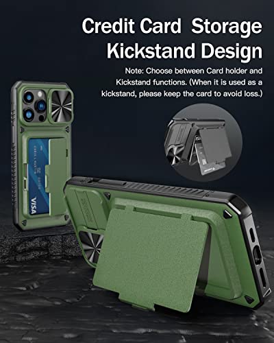 Image of Vihibii for iPhone 14 Pro Max Wallet Cover with Card Holder (Storage 4 Cards), Slide Camera Cover & Kickstand, [Military Grade Drop Protection] Phone Case for i14 Pro Max 6.7 inch (2022), Green