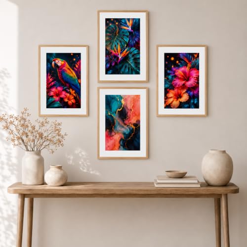 Image of Livin'luxe Set of 4 Tropical Parrot Floral & Abstract Wall Paintings with Sparkle Laminate and Premium Wooden Synthetic Frame for Living Room Bedroom Office Decor (13.5 x 19.5 Inch)