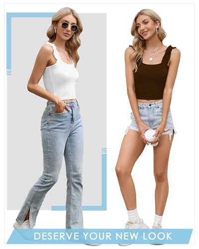 CLOZOZ Cute Crop Tops for Women Tank Tops Ribbed Ruffle Strap Square Neck Womens Trendy Going Out Preppy Tops4