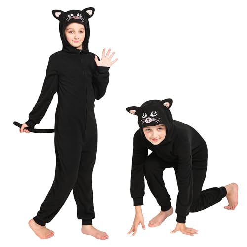 Rabtero Kids Cat Halloween Costumes, Girls Kitty Costume, Black Cat Onesie for Girls, Halloween Christmas Parties Animal Dress Up for Kids 4-6