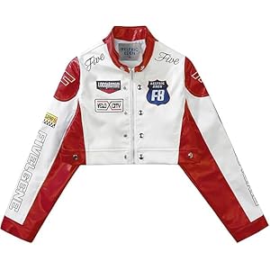 Aelfric Eden Damen Kunstlederjacke Cropped Racing Jacke Reißverschluss Patchwork Buchstaben Druck Motorradjacke Hiphop Y2K Streetwear