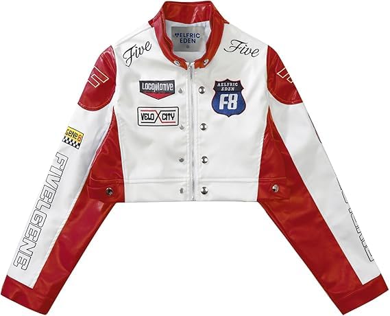 Aelfric Eden Chaqueta de piel sintética para mujer, chaqueta de carreras cortada, cremallera patchwork con letras impresas, chaqueta de moto Hiphop Y2K Streetwear, rojo, L