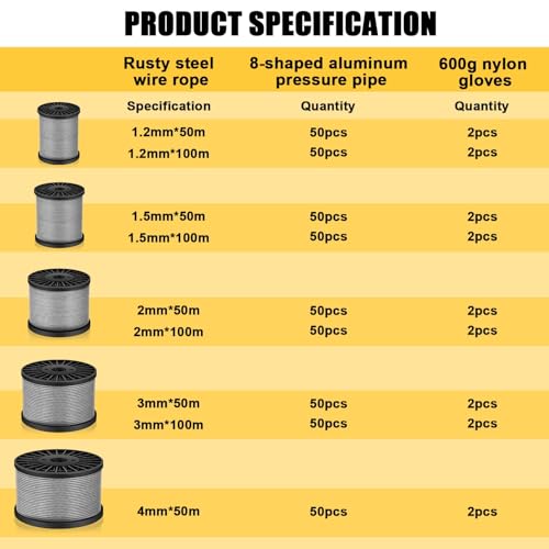 NZNSML Wire Rope Stainless Steel 3 mm, 50 M Wire Cable Heavy Duty 7x7 Strand Core Garden Hanging Cable with Aluminum Crimping Clamps Loop Sleeve for Hanging Pictures Plants Clothes Line Garden