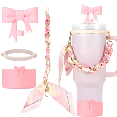 LEISENOR Stanley Cup Accessories Set, bow straw toppers, Water Bottle Handle Strap, Straw Cover Boots for Stanley, Silicone Straw Toppers for