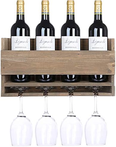 Vencipo Rustic Wall Mounted Wine Rack for 4 Red Wine Glasses Storage, Wooden Wine Bottle Holder for Farmhouse Kitchen Decor, Floating Wine Shelf Organizer for Living Room Display.