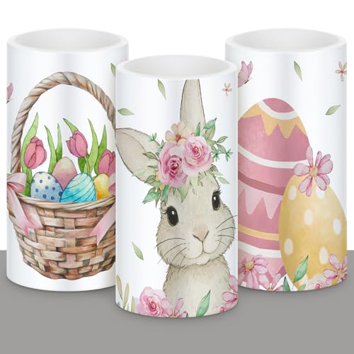 Image of Retisee 3 Pcs Colorful Easter Flameless LED Candles Battery Operated Bunny Spring Flickering Pillar Candles with Remote Pastel Easter Decoration Centerpiece for Bedroom Living Room Dinner Table Decor
