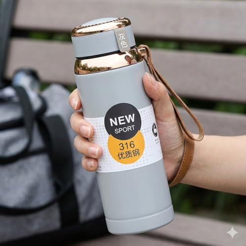 Image of 1000ml Stainless Steel Insulated Vacuum Flask Water Bottle with Rose Gold Lid, Leak Proof Large Capacity Sports Bottle with Strap & Handle for Travel, Gym, Office, Hot & Cold Drinks (Grey)